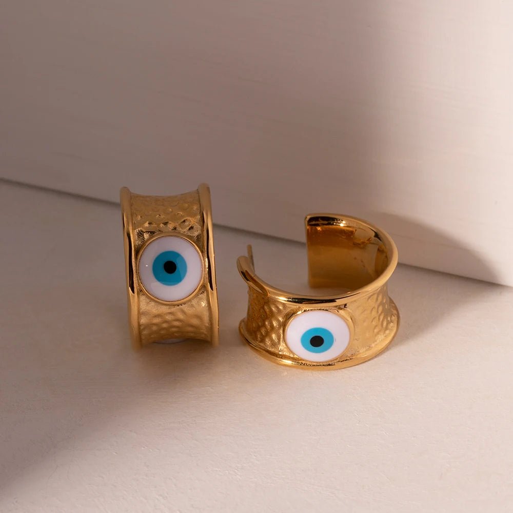 18k Gold Textured Evil Eye Hoop Earrings - Veinci