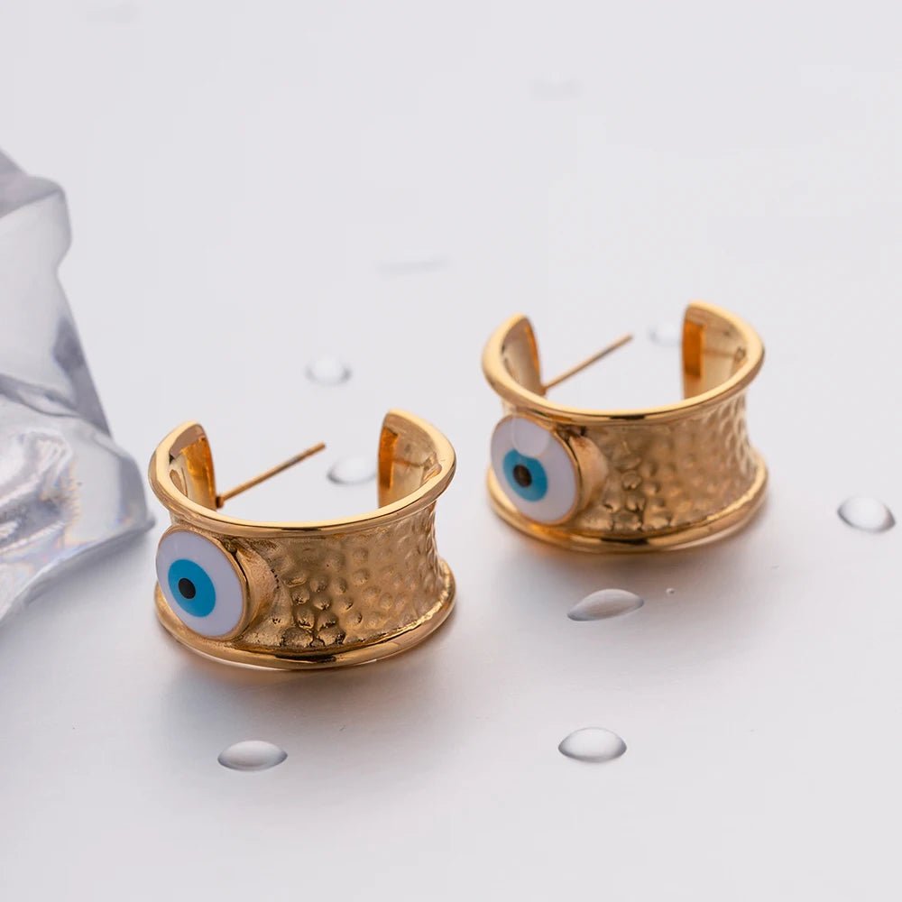 18k Gold Textured Evil Eye Hoop Earrings - Veinci