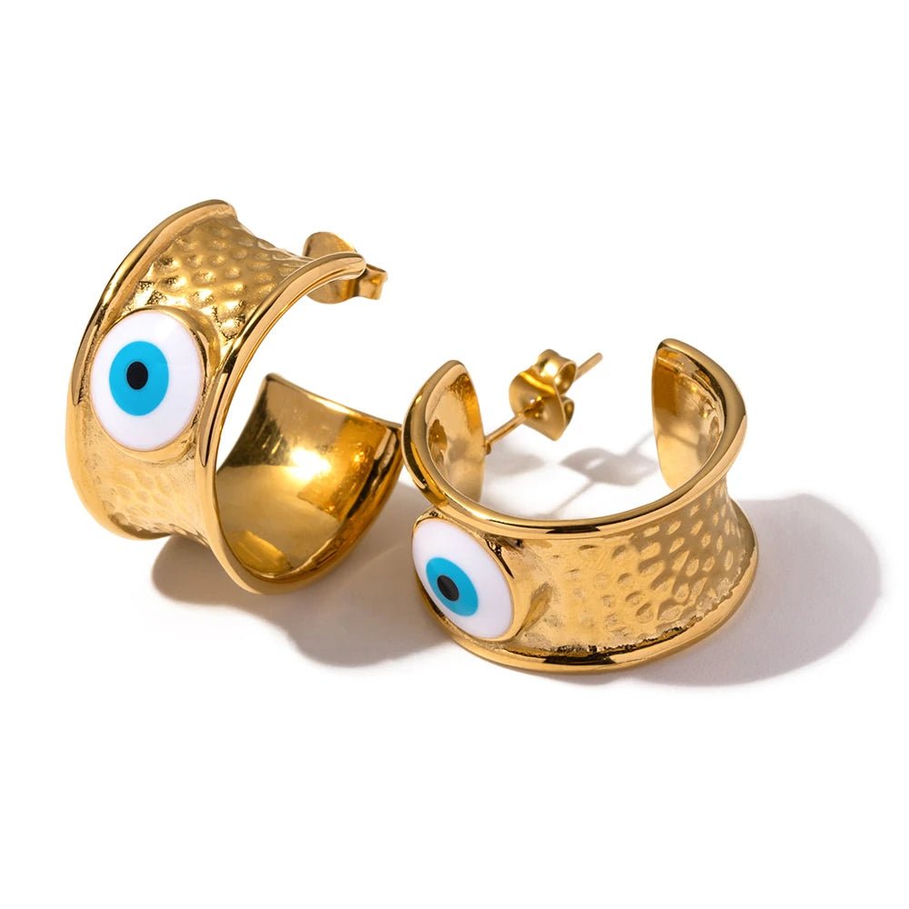 18k Gold Textured Evil Eye Hoop Earrings - Veinci