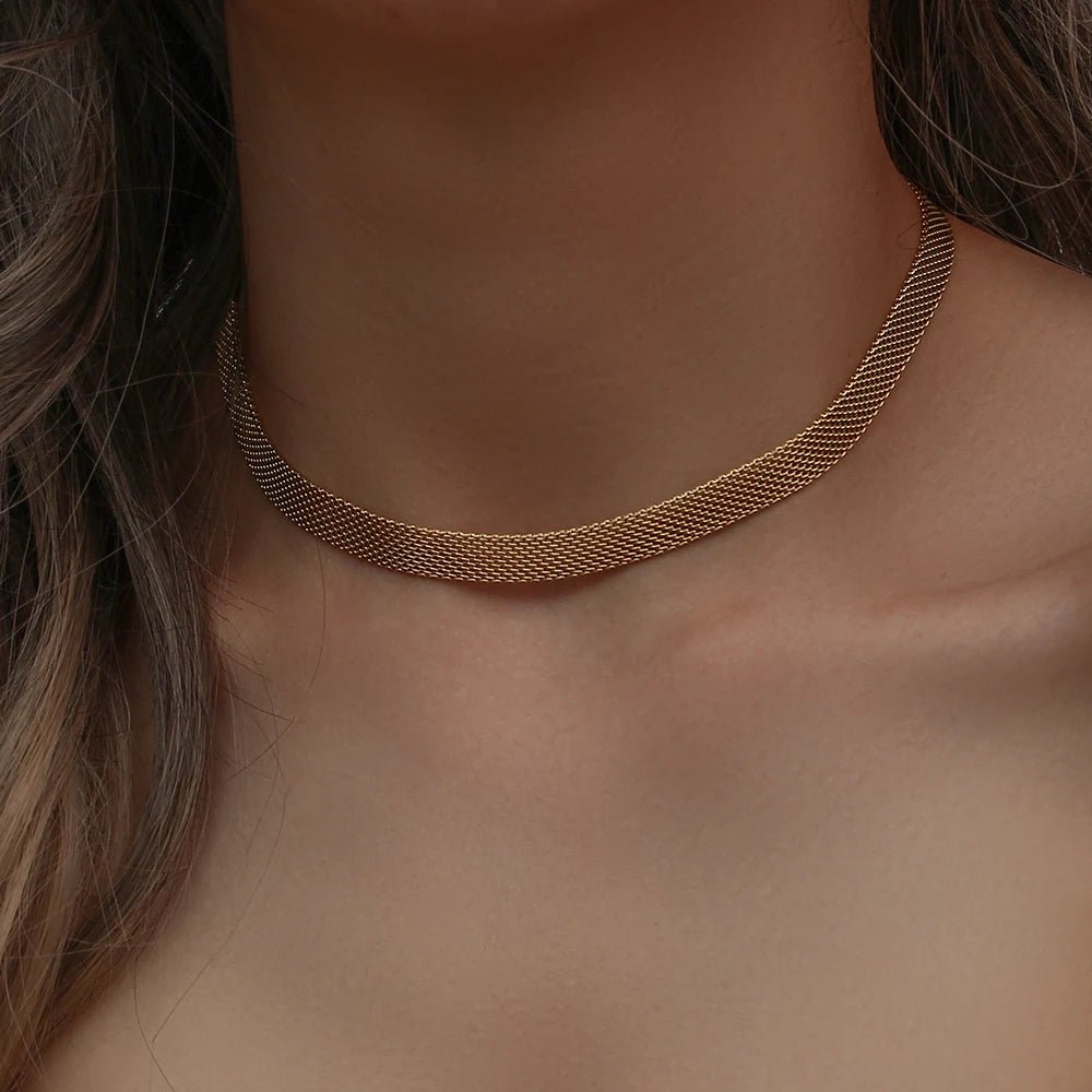 18k Layered Gold Mesh Choker Necklace and Bracelet - Veinci