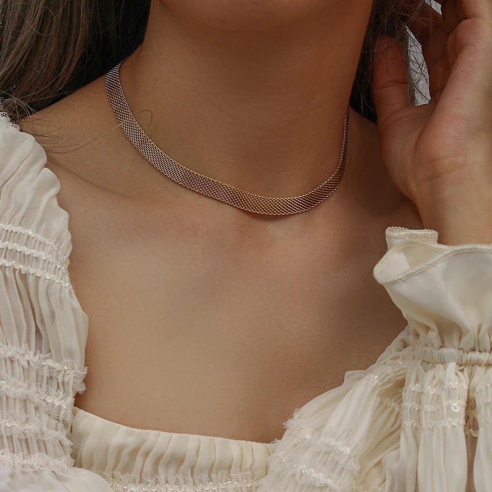 18k Layered Gold Mesh Choker Necklace and Bracelet - Veinci