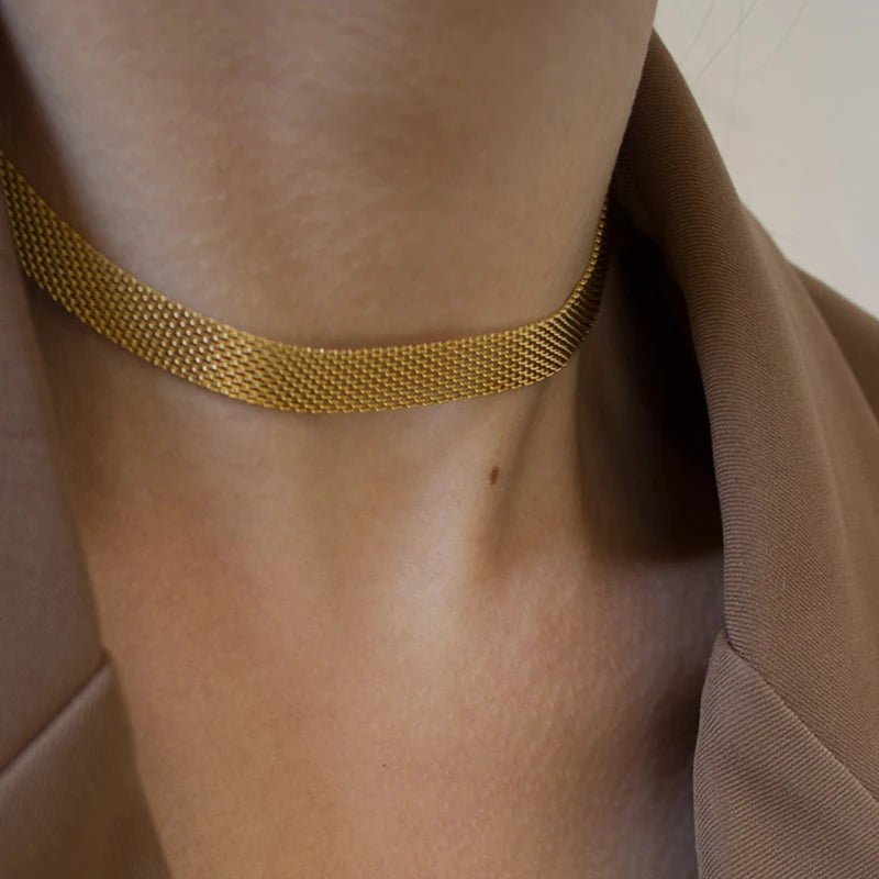 18k Layered Gold Mesh Choker Necklace and Bracelet - Veinci