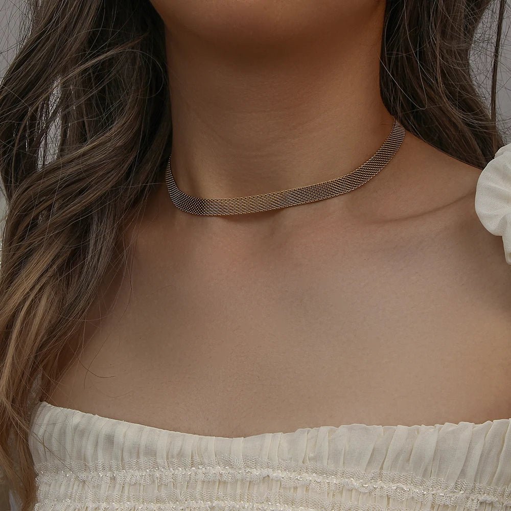 18k Layered Gold Mesh Choker Necklace and Bracelet - Veinci