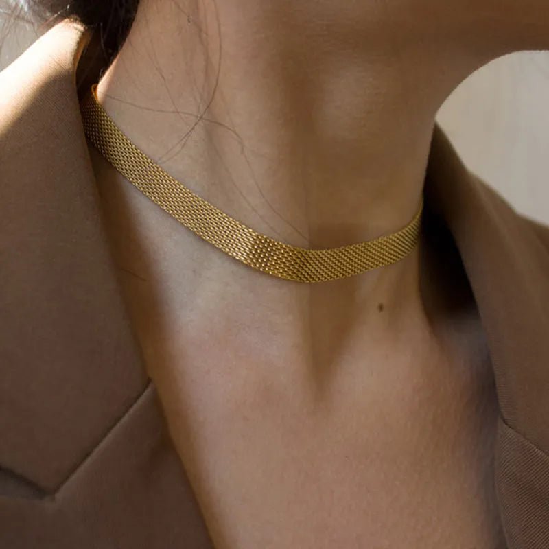 18k Layered Gold Mesh Choker Necklace and Bracelet - Veinci