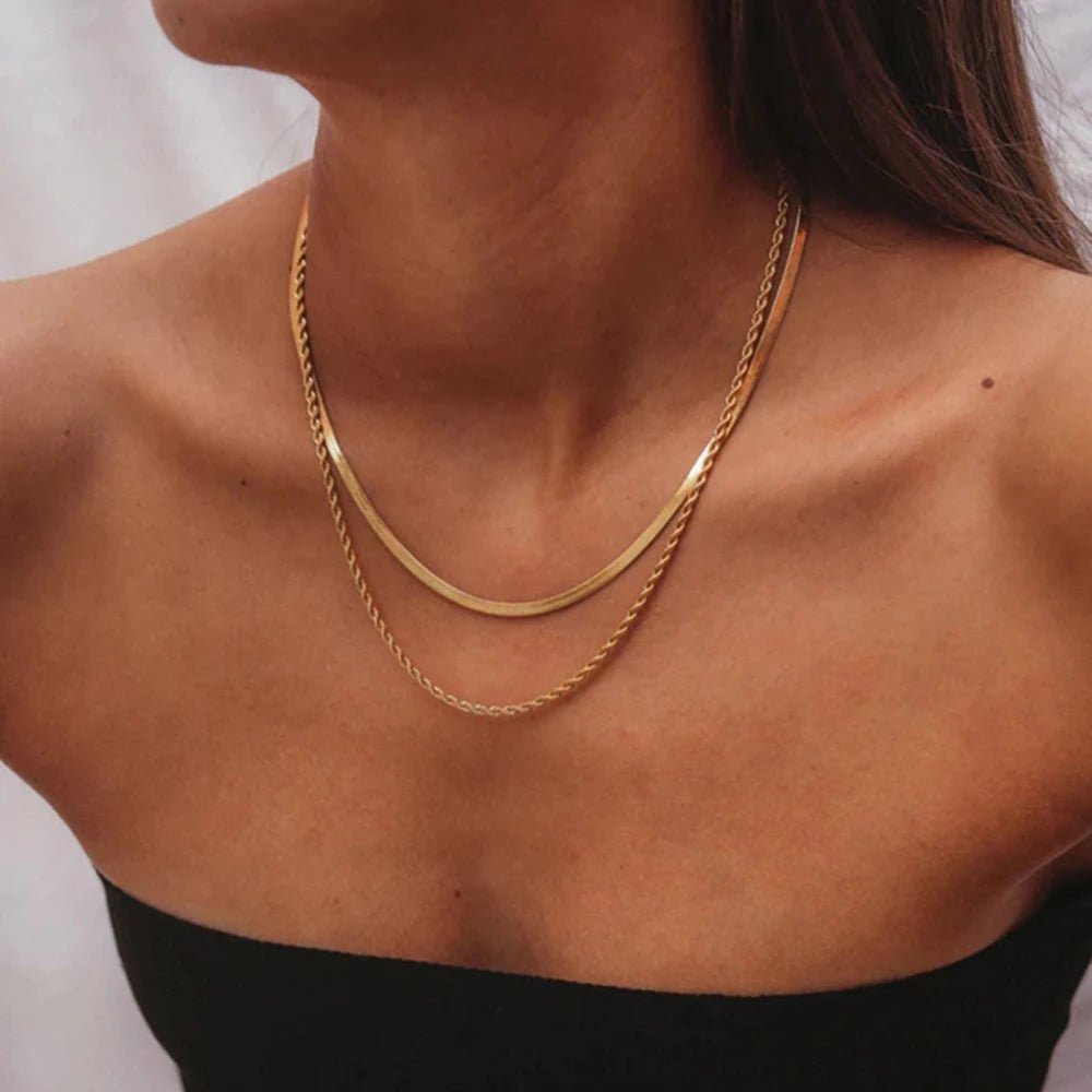 18k Layered Herringbone & Rope Chain Necklace - Veinci