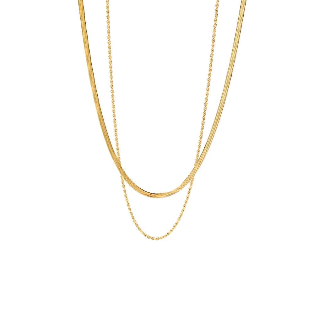 18k Layered Herringbone & Rope Chain Necklace - Veinci