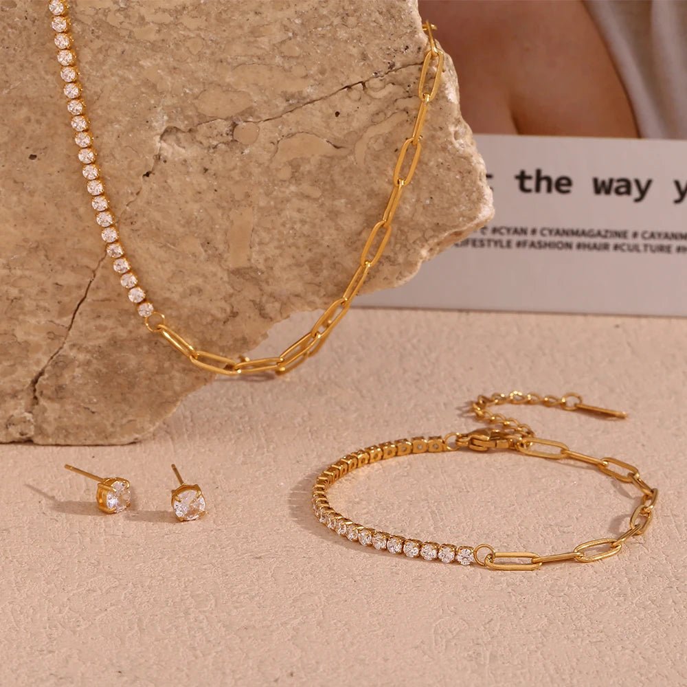 18k Paperclip Chain Tennis Necklace, Bracelet, and Earrings - Veinci