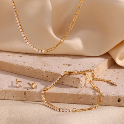 18k Paperclip Chain Tennis Necklace, Bracelet, and Earrings - Veinci