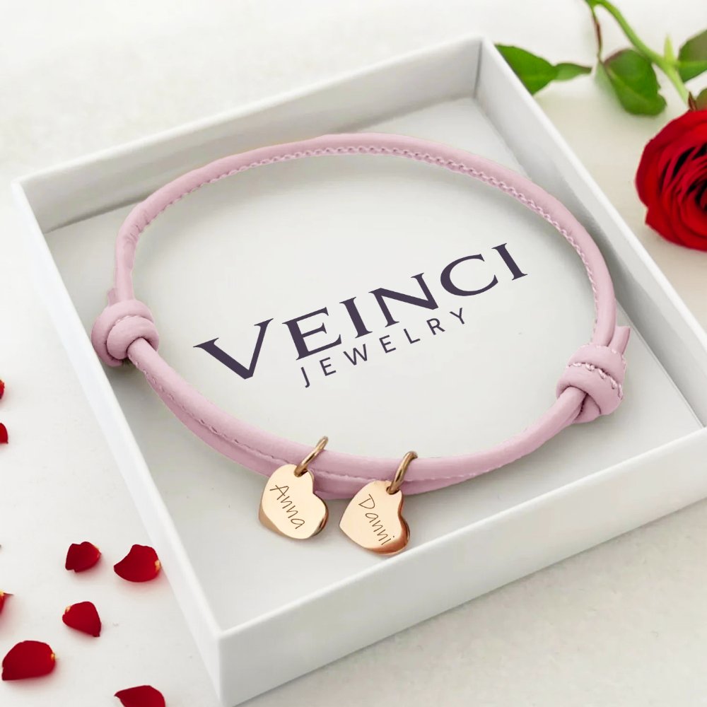 18k Personalized Leather Heart Charm Bracelet - Veinci