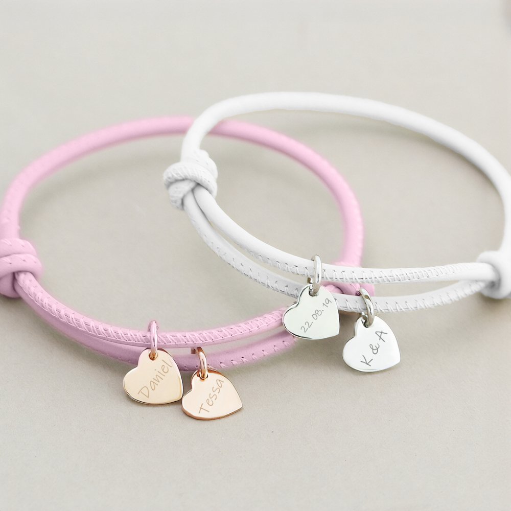 18k Personalized Leather Heart Charm Bracelet - Veinci