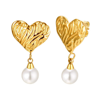 18k Textured Heart Pearl Earrings - Veinci