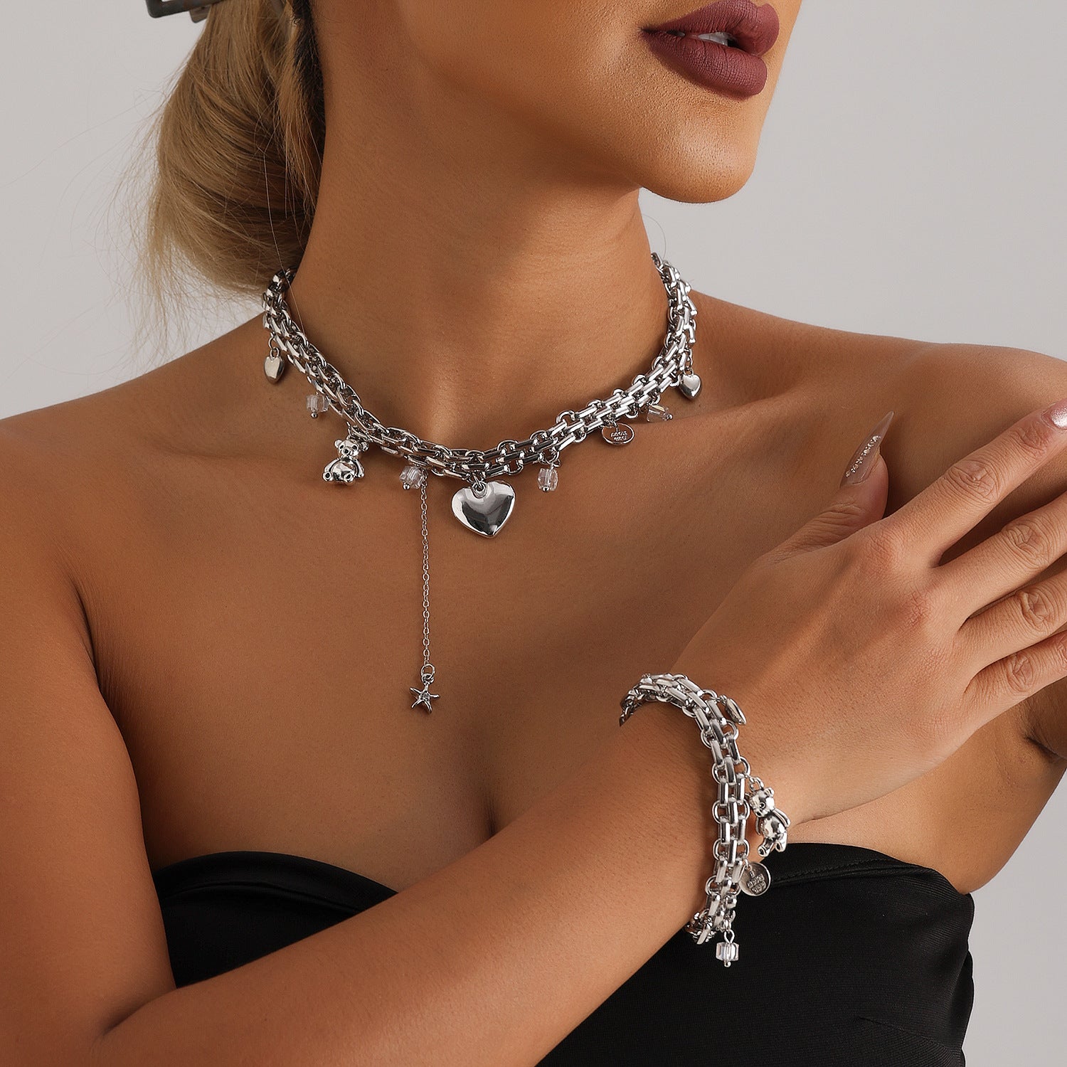 2pc Chunky Bear Heart Necklace and Bracelet Set