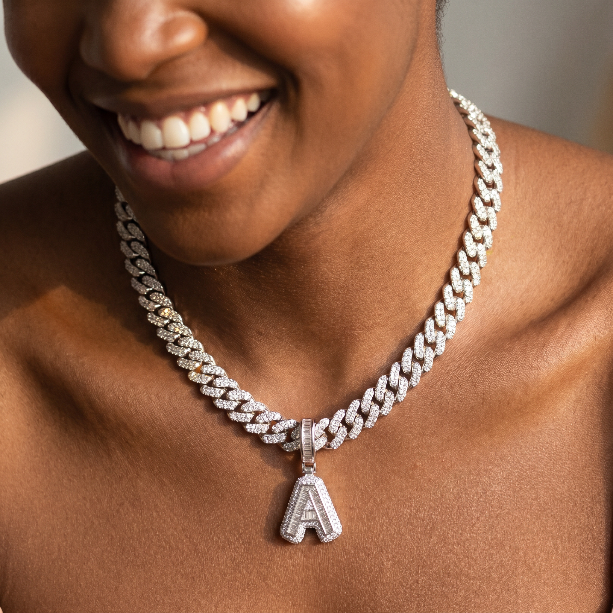 Chunky Diamond Accented Cuban Link Initial Necklace