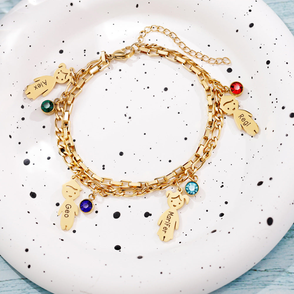 Stacked Family Charm & Birthstone Bracelet