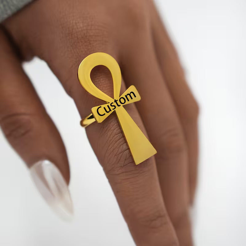 Classy Custom Name Ankh Ring