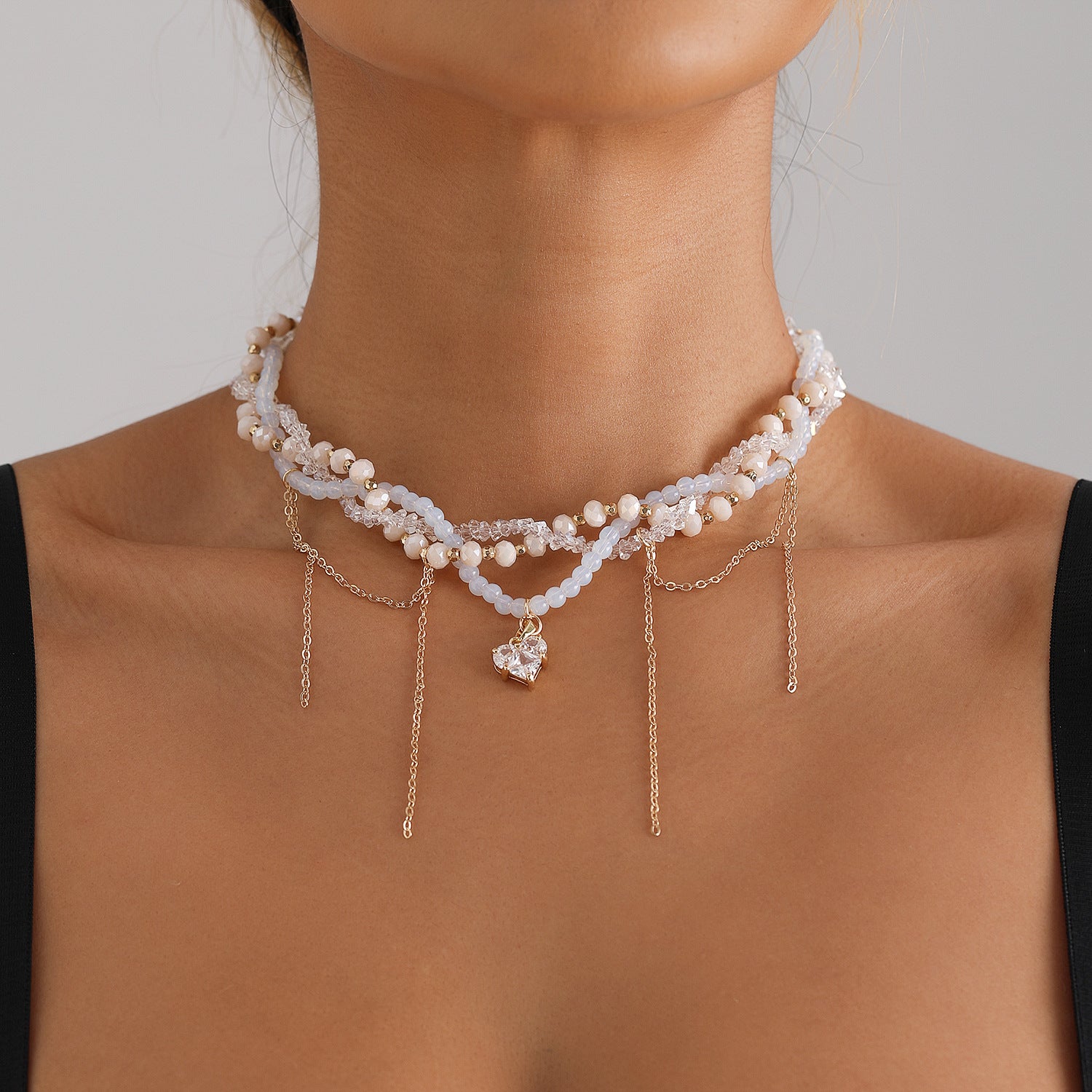 Intertwined Beaded Crystal Heart Necklace