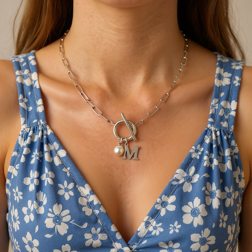 Paperclip Letter Initial Circle Lock Clasp Necklace With Pearl Charm