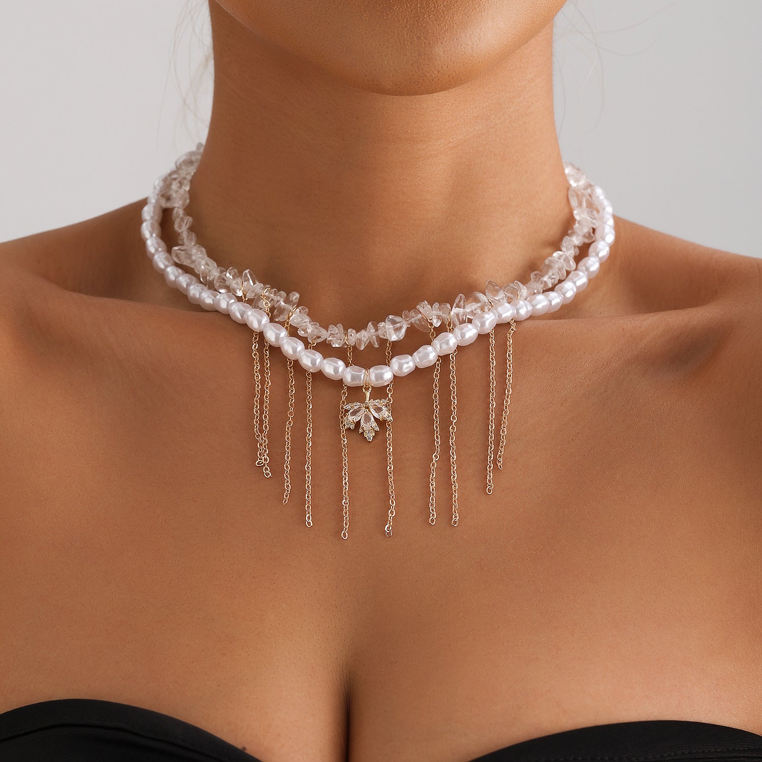 2pc Irregular Pearl & Crystal Maple Leaf Necklace