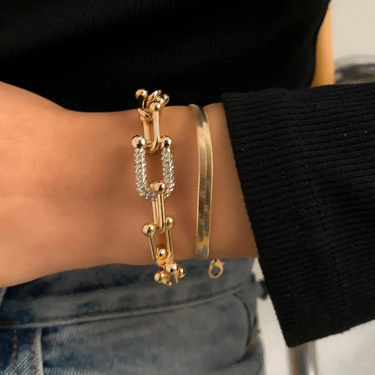 2pc Statement Chain Lock & Herringbone Bracelet - Veinci