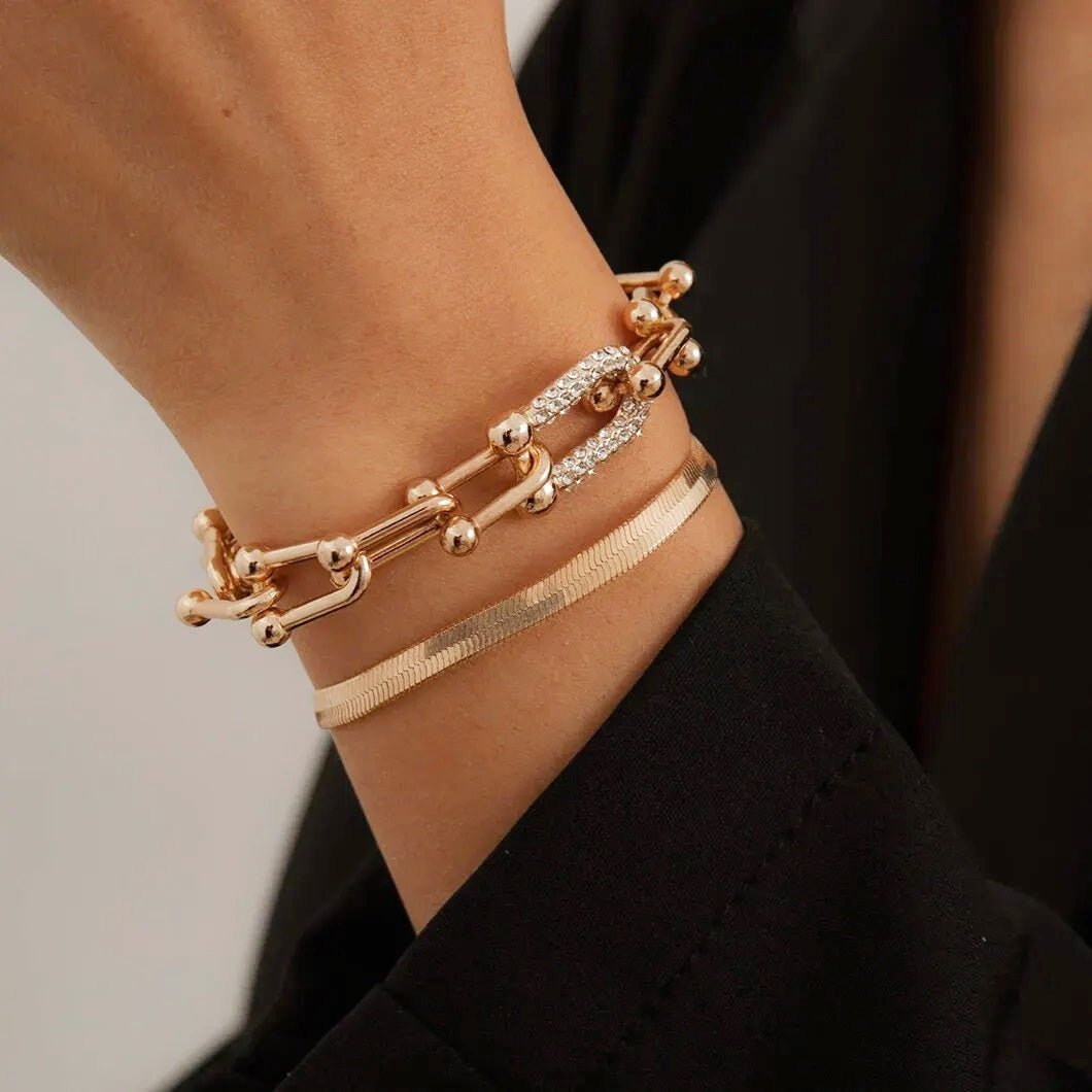 2pc Statement Chain Lock & Herringbone Bracelet - Veinci