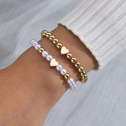 2pcs Classy White & Gold Beaded Heart Bracelets - Veinci