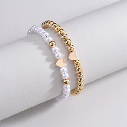 2pcs Classy White & Gold Beaded Heart Bracelets - Veinci