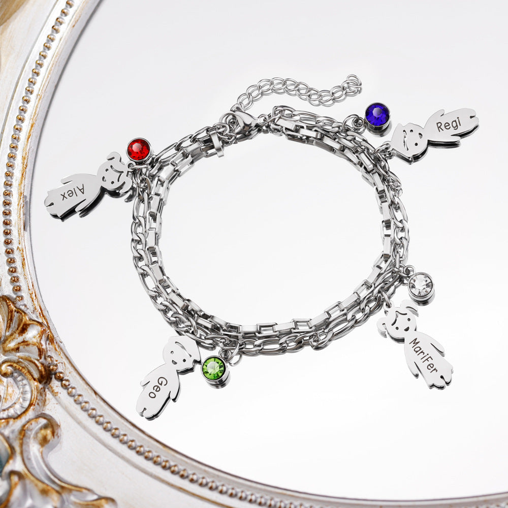 Stacked Family Charm & Birthstone Bracelet