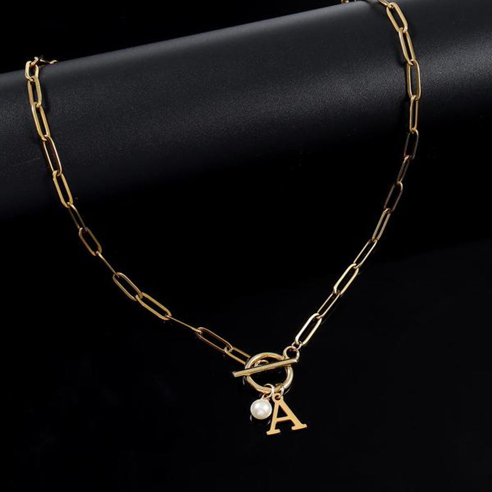 Paperclip Letter Initial Circle Lock Clasp Necklace With Pearl Charm