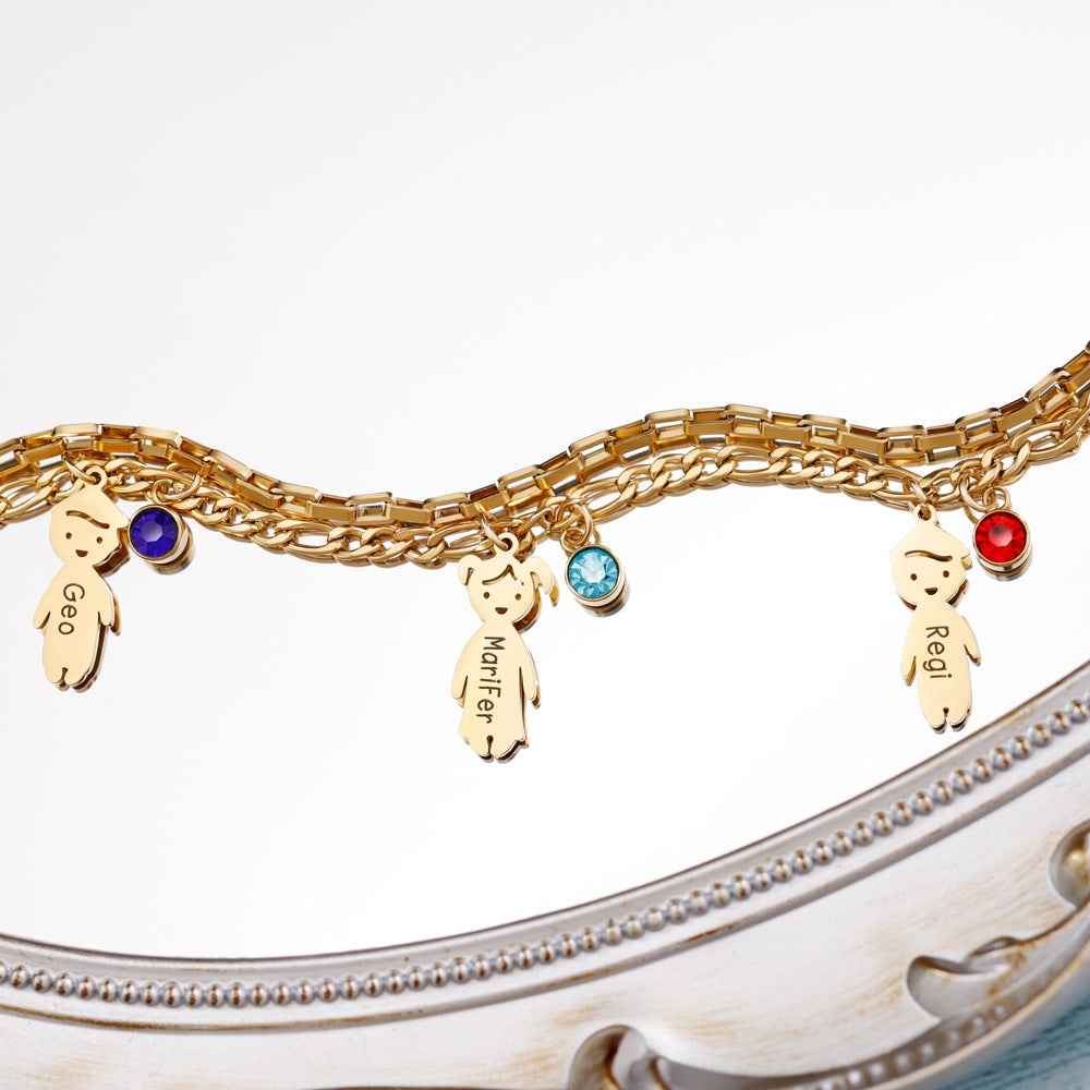 Stacked Family Charm & Birthstone Bracelet