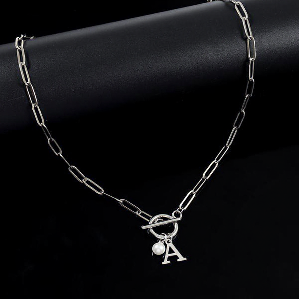 Paperclip Letter Initial Circle Lock Clasp Necklace With Pearl Charm