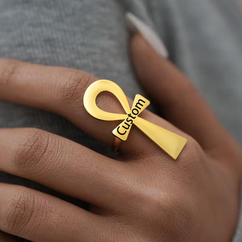 Classy Custom Name Ankh Ring