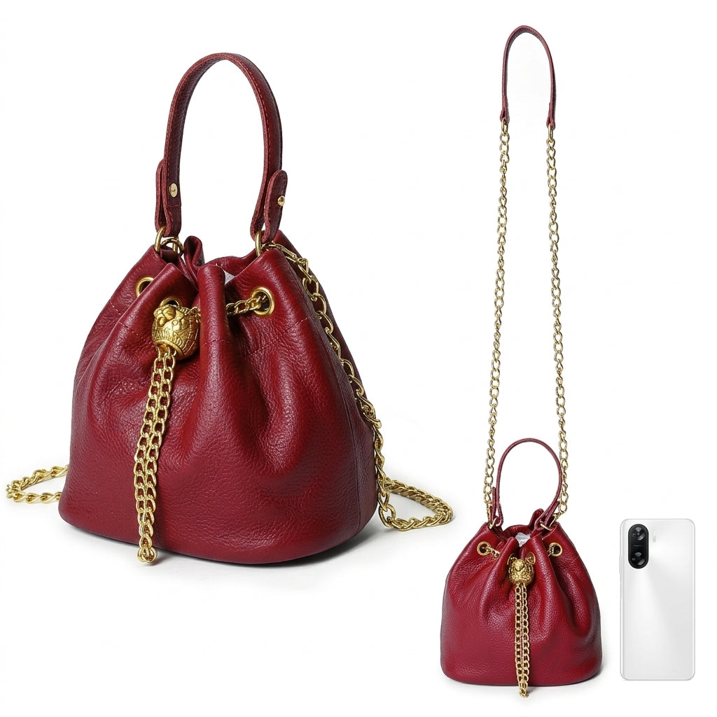 Mini Leather Drawstring Bucket Handbag
