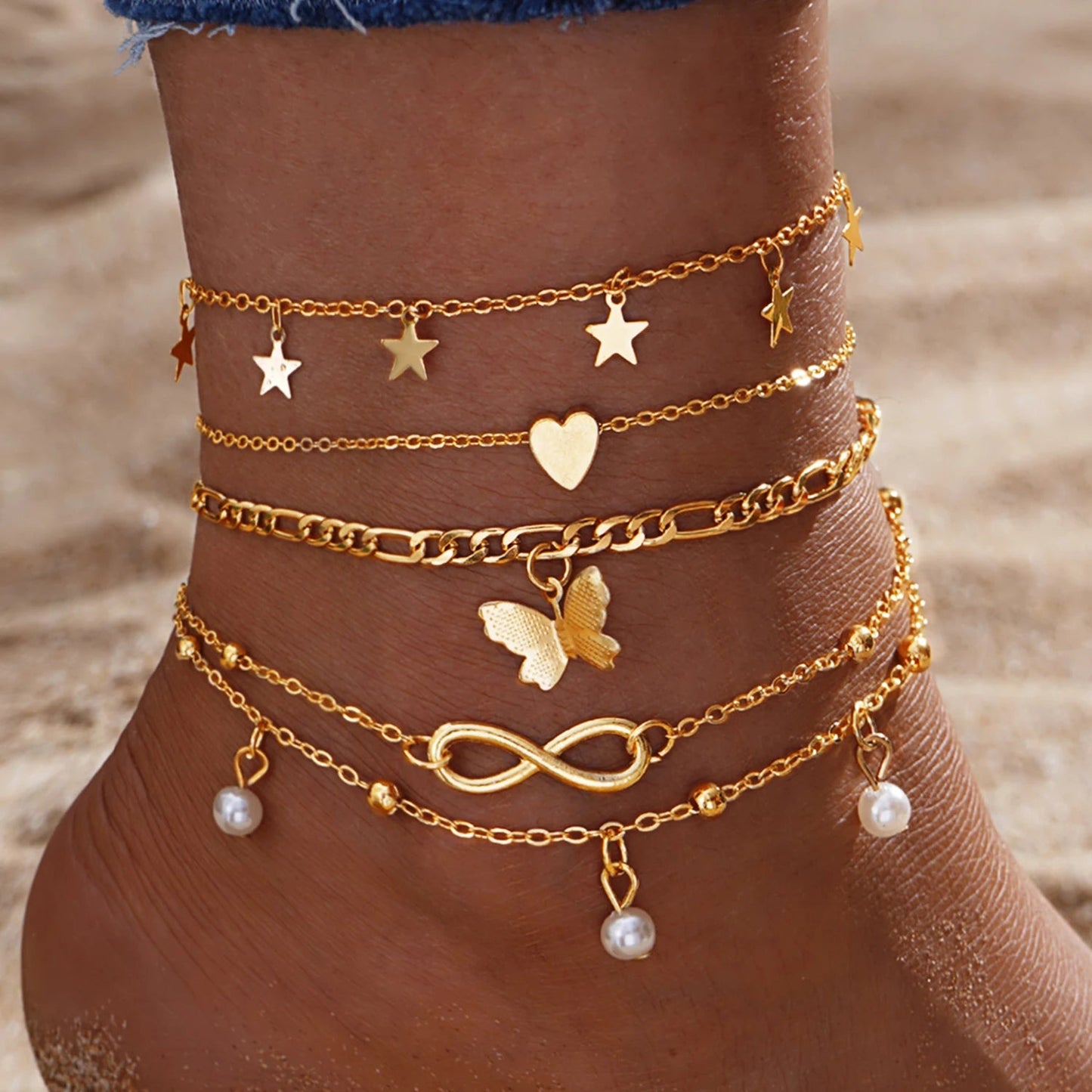 5pcs Dainty Feminine Anklet Set (Stars, Heart, Butterfly, Infinity, Pearls) - Veinci