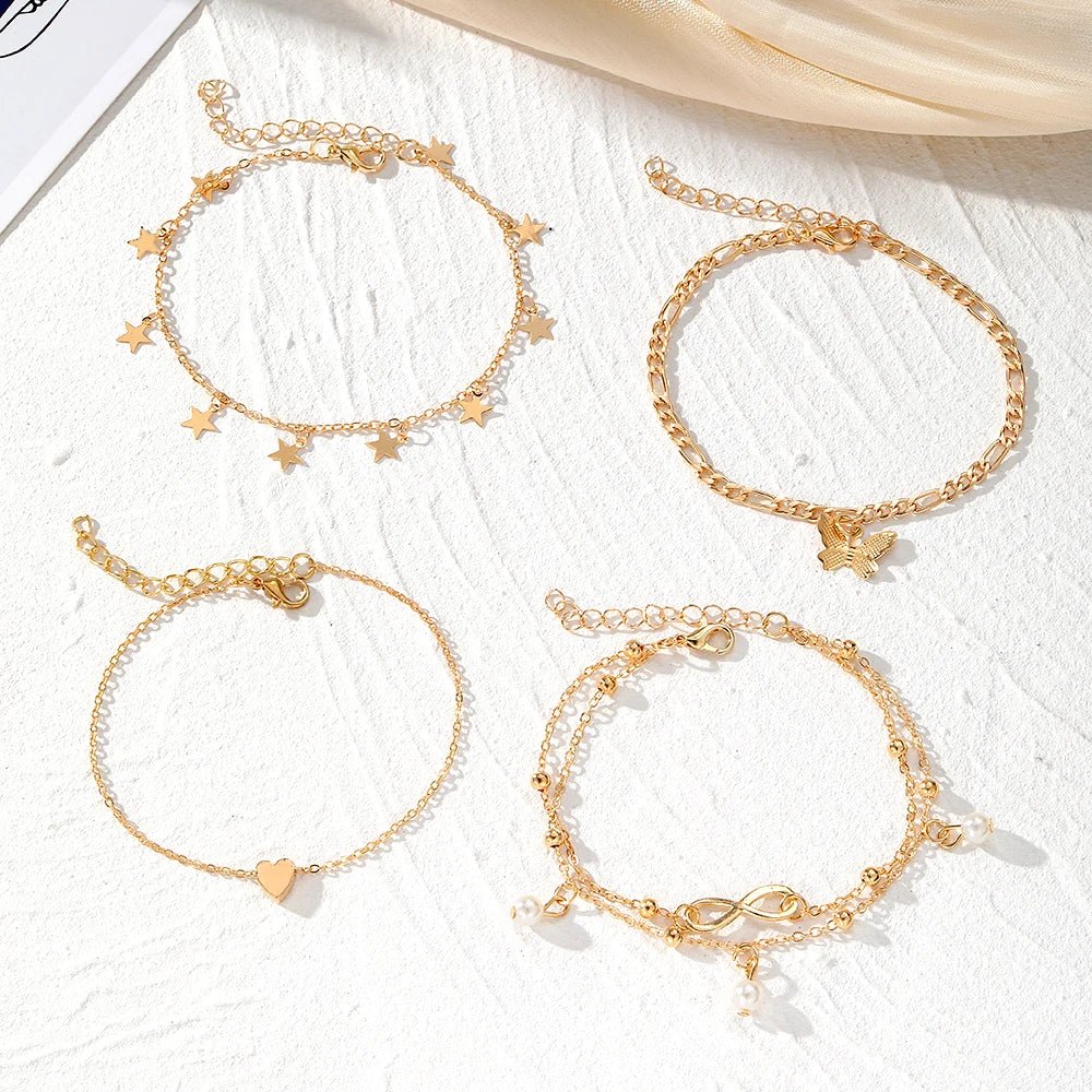 5pcs Dainty Feminine Anklet Set (Stars, Heart, Butterfly, Infinity, Pearls) - Veinci