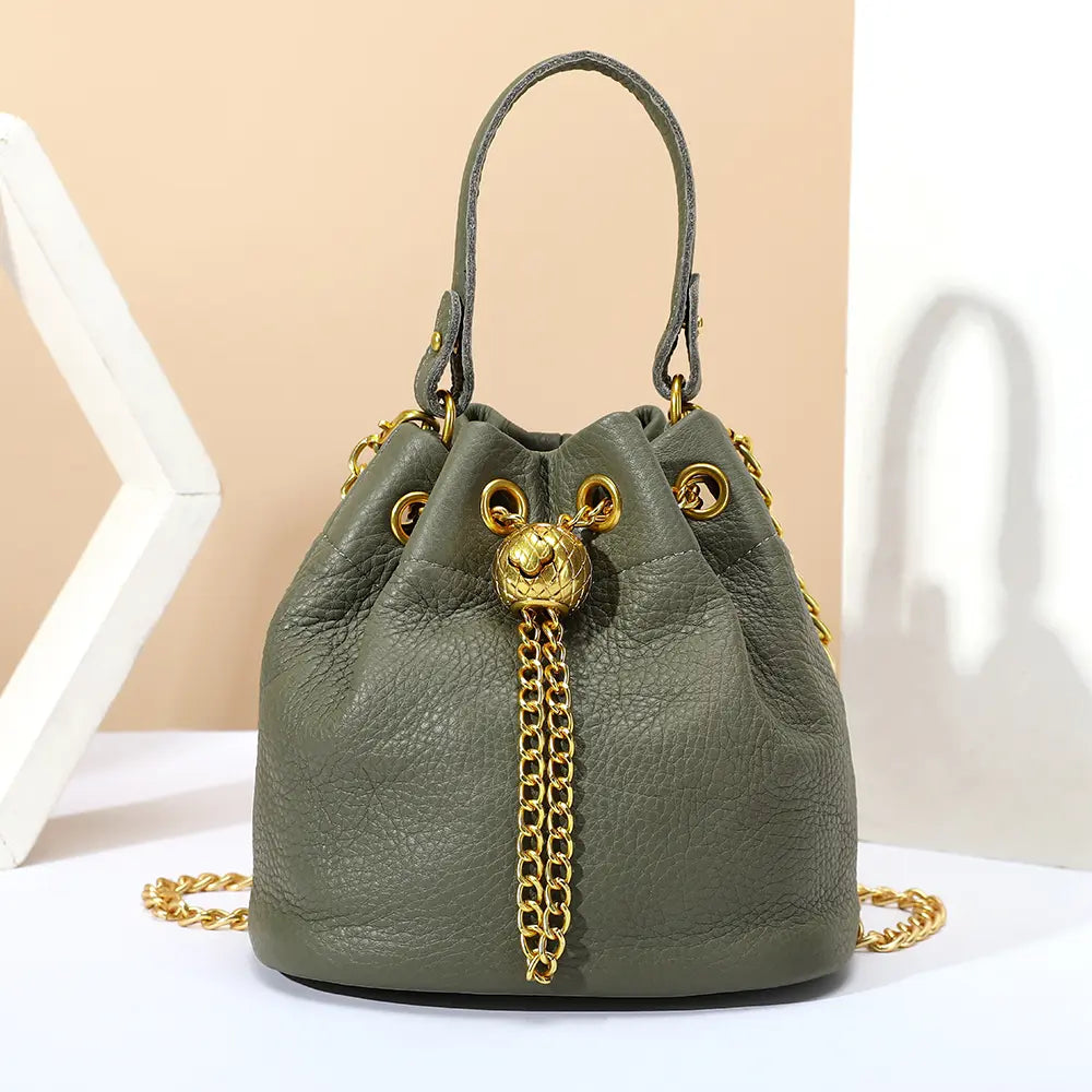 Mini Leather Drawstring Bucket Handbag