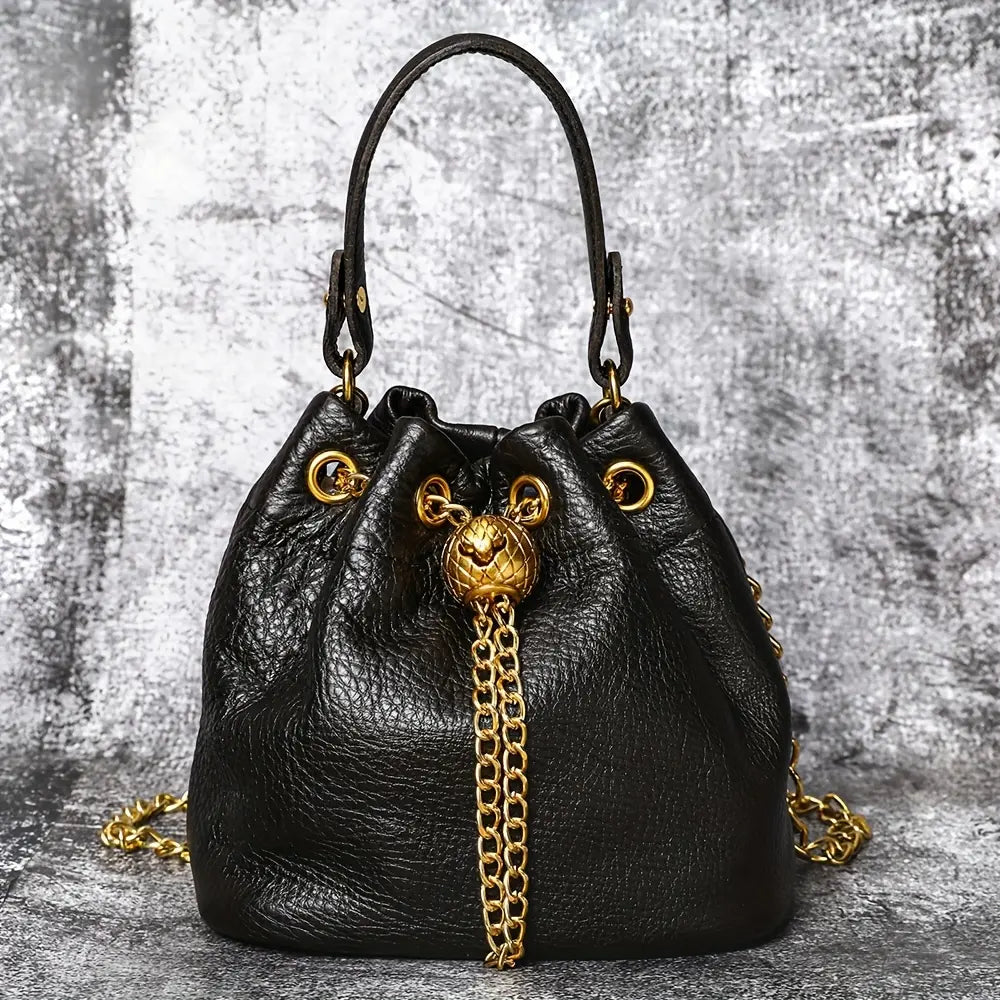 Mini Leather Drawstring Bucket Handbag