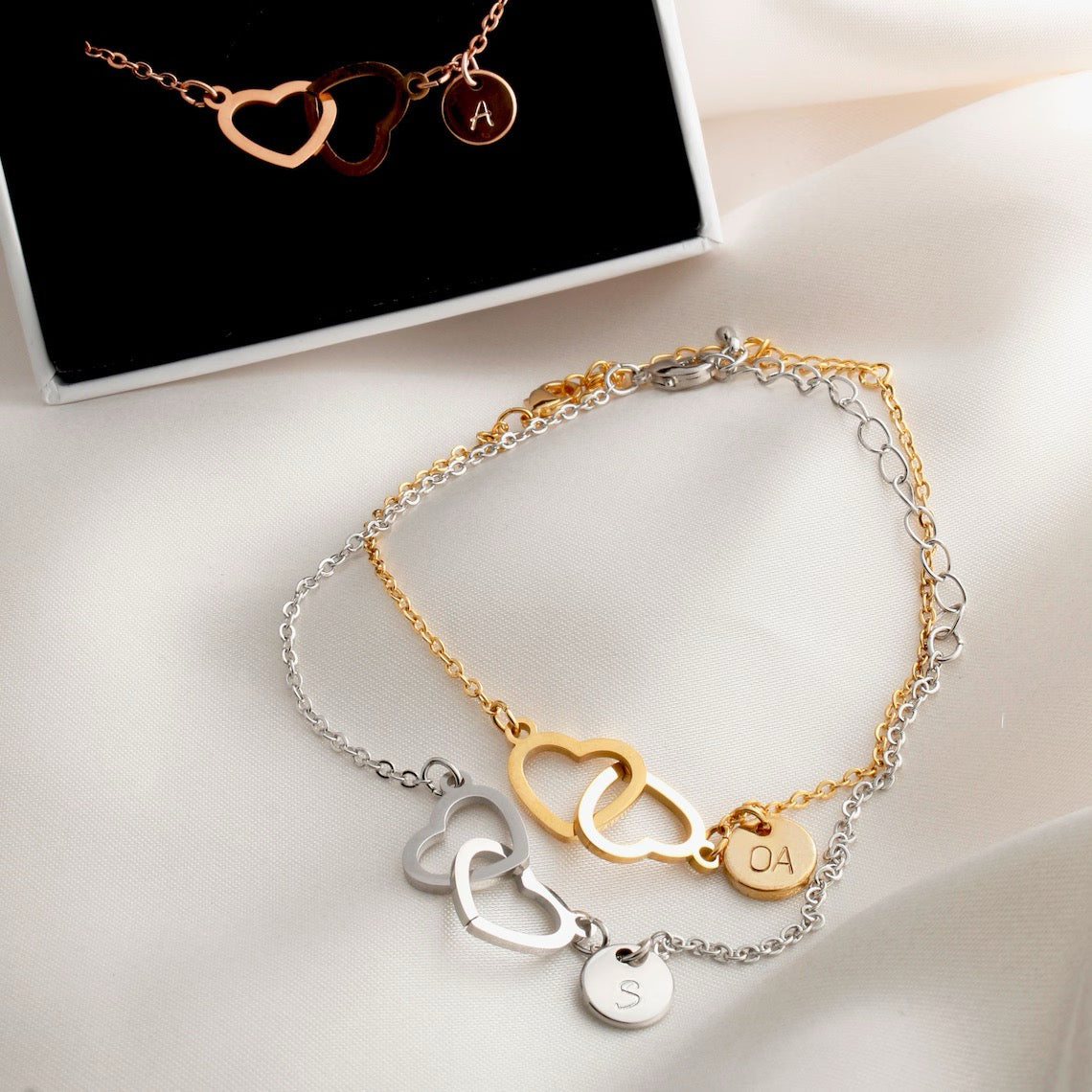 Intertwined Love Hearts Letter Initial Bracelet & Necklace