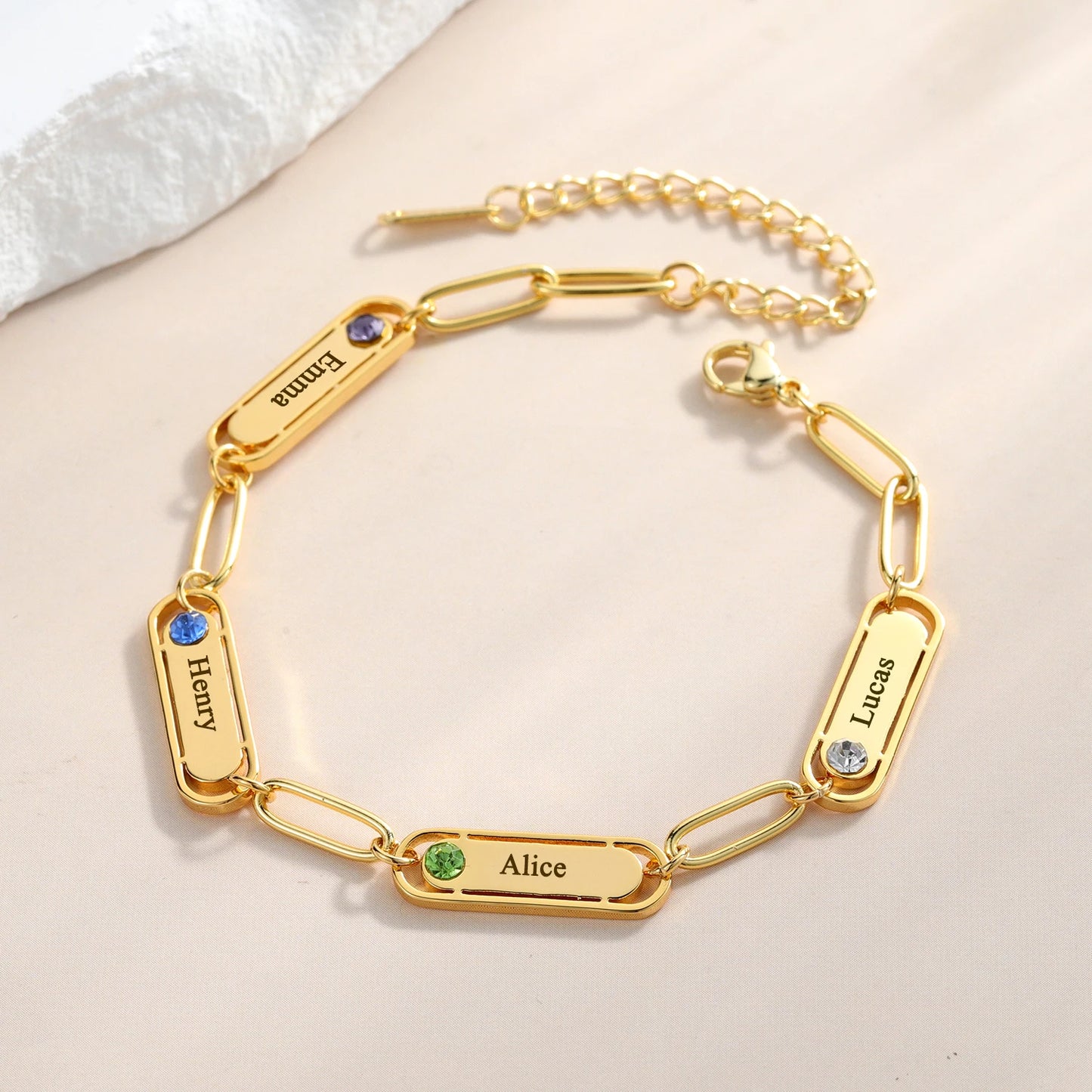 Dainty Name & Birthstone Paperclip Bracelet