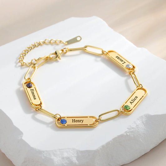 Dainty Name & Birthstone Paperclip Bracelet