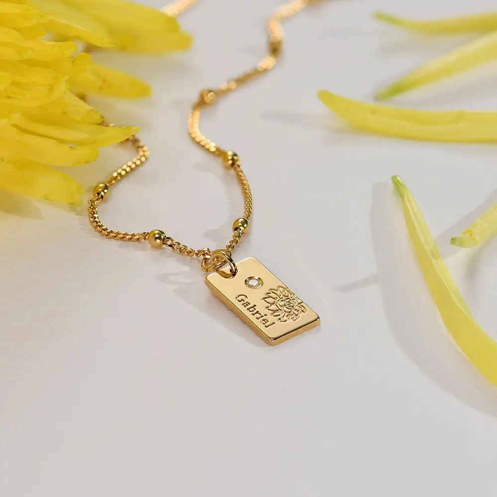 Personalized Name Dainty Satellite Chain Birth Flower & Stone Necklace