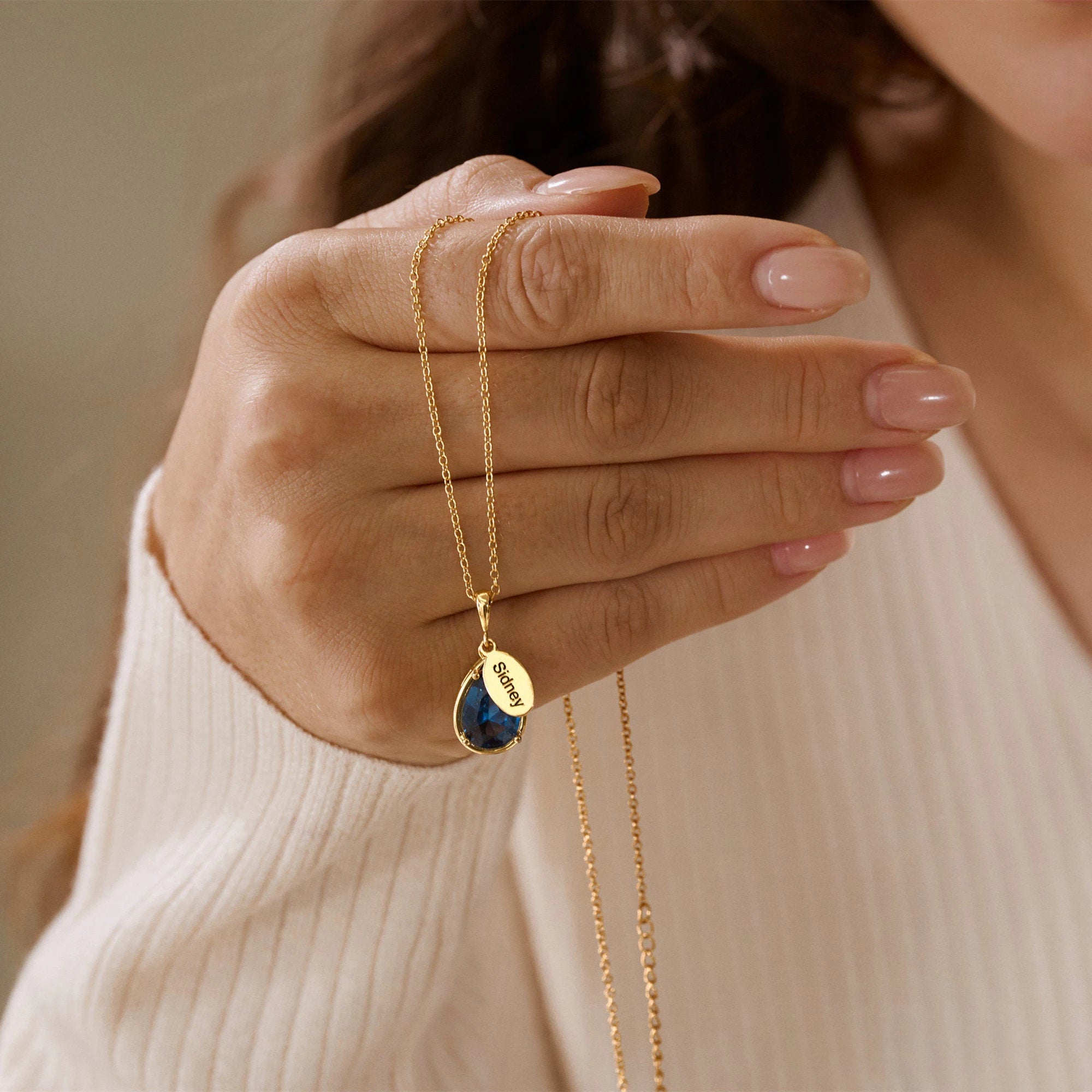 Oval Birth Stone & Name Chain Necklace