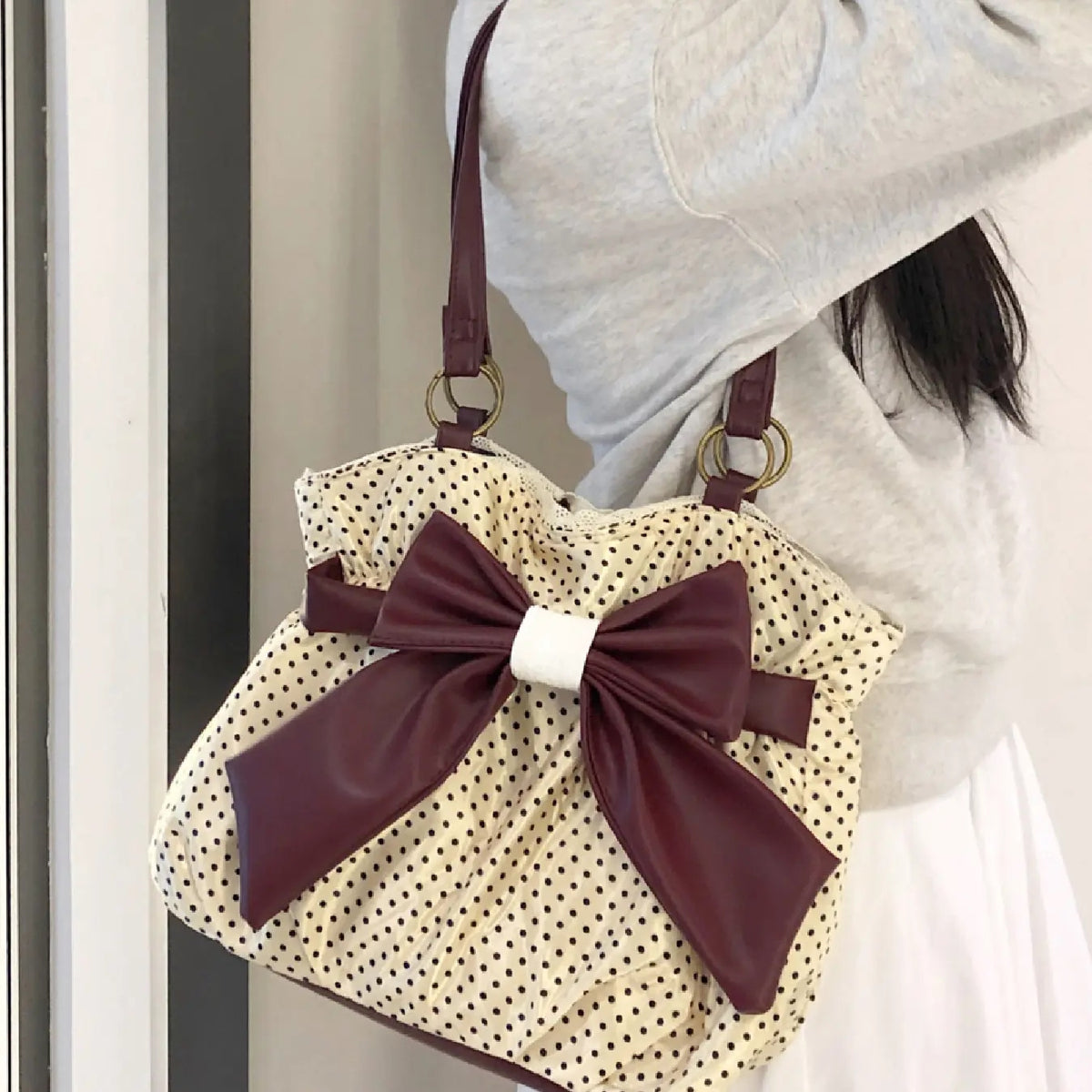 Polka Dot Bow Accent Shoulder Bag
