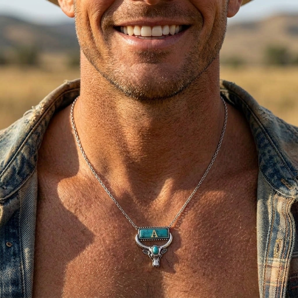 Boho Turquoise Bull Head Initial Necklace