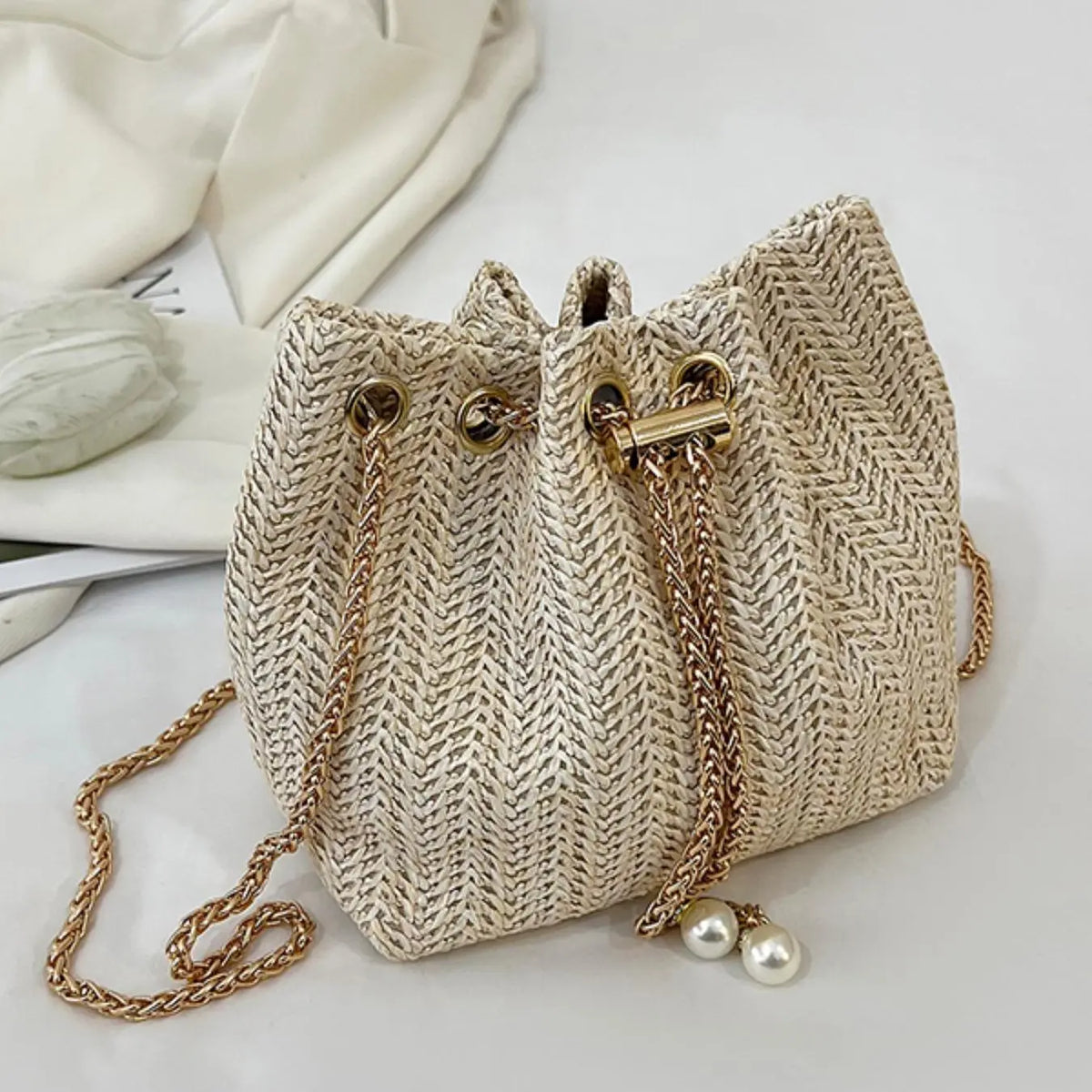 Boho Woven Drawstring Bucket Bag