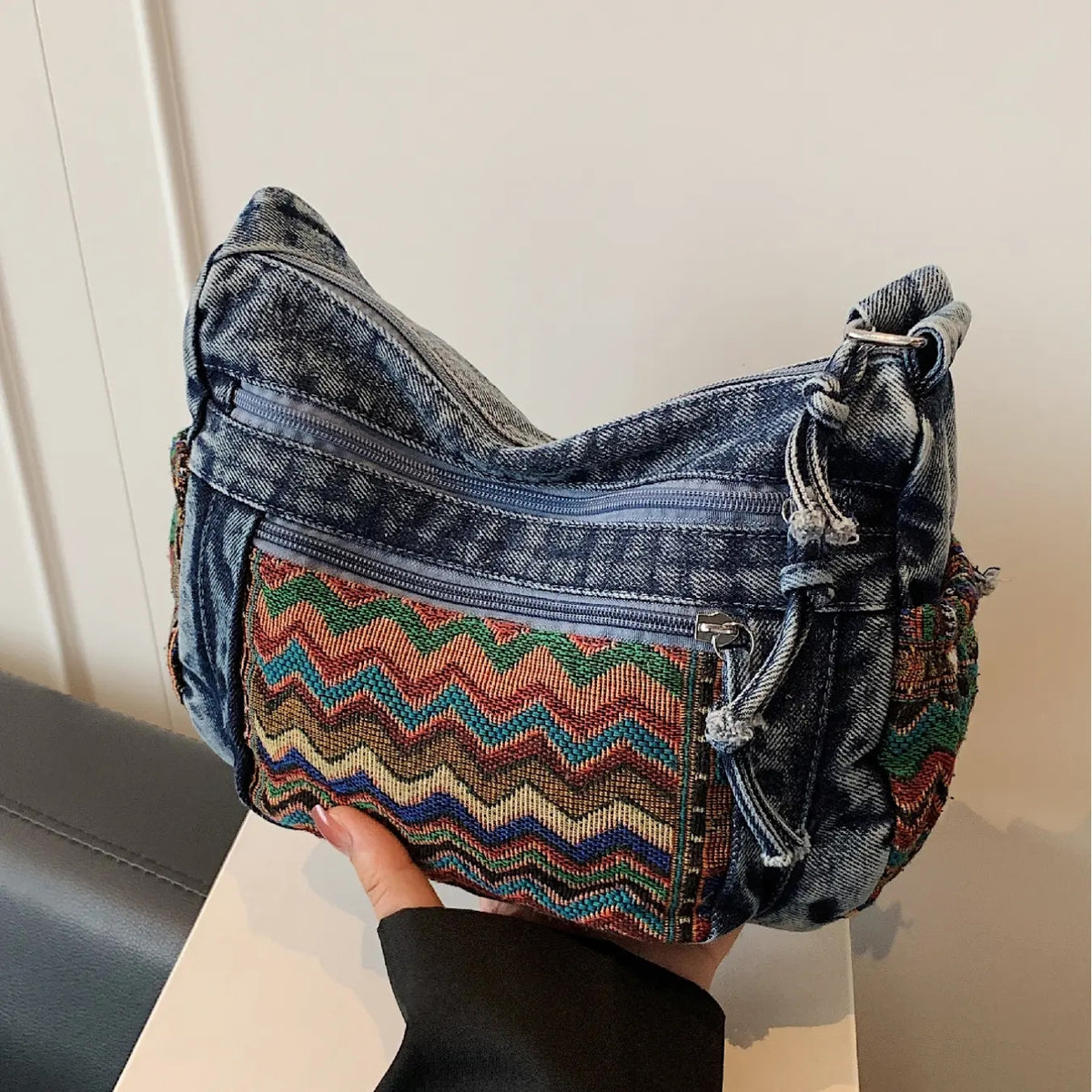 Vintage Denim Patchwork Shoulder Bag