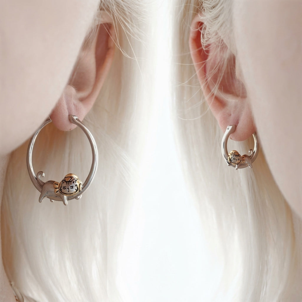 Cute Sleeping Cat Hoop Earrings