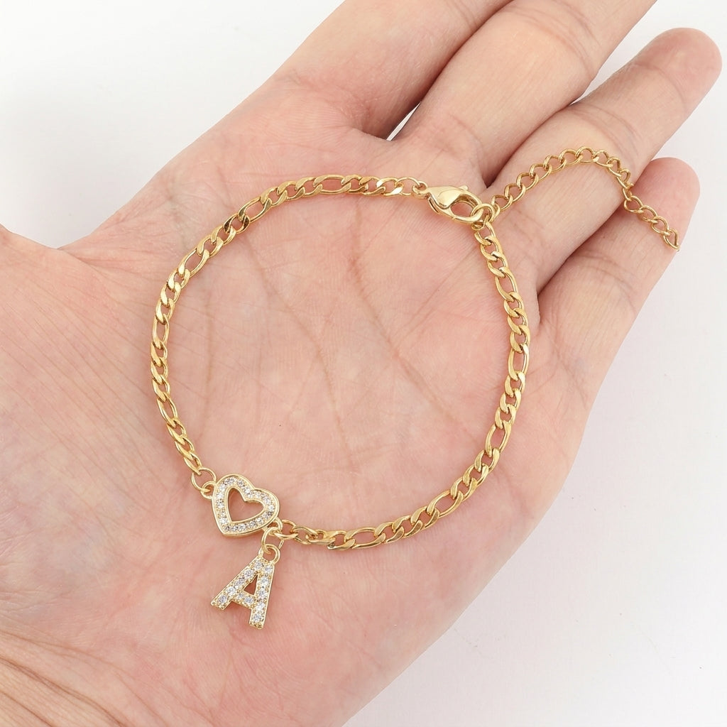Heart & Letter Initial Figaro Chain Bracelet