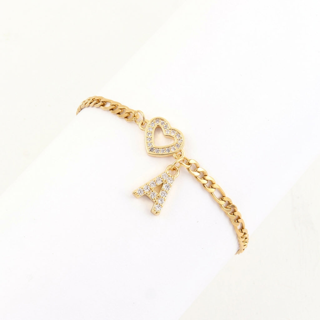 Heart & Letter Initial Figaro Chain Bracelet
