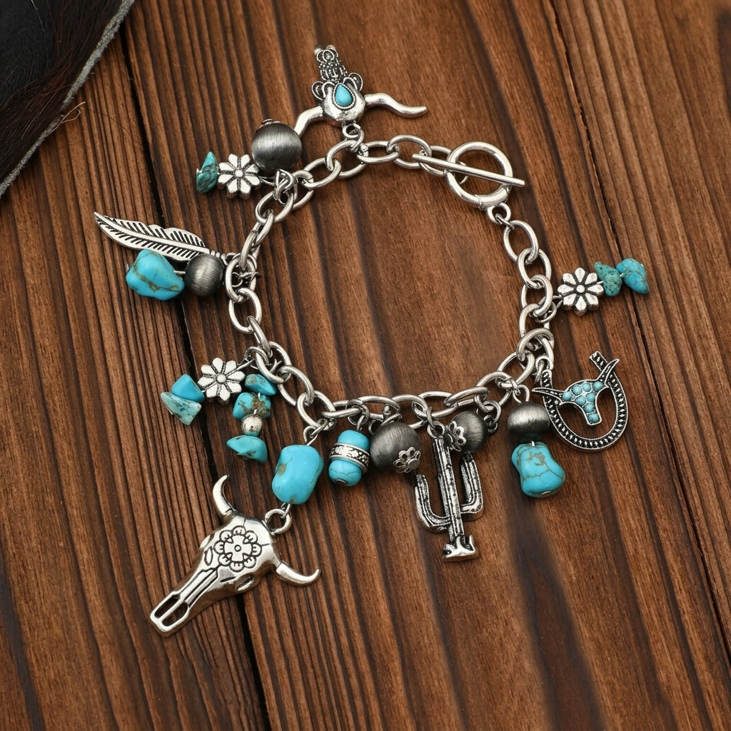 Turquoise Accented Country  Charm Bracelet