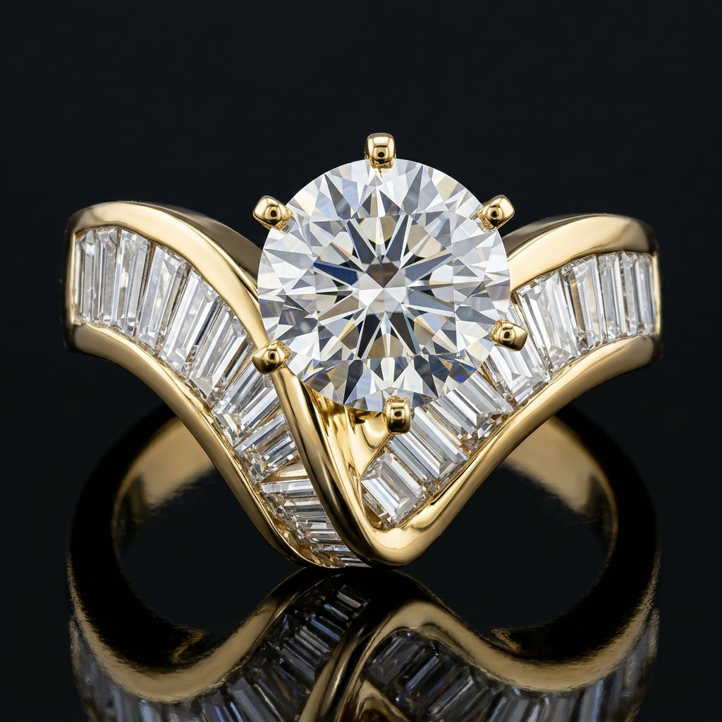 Baguette Cut V Shaped Diamond Accented Ring